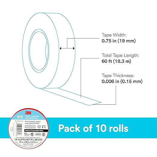 3M Temflex Multi-Purpose Vinyl Electrical Tape 165, Red, 3/4 in x 60 ft (19 mm x 18 m), 10 Roll Pack