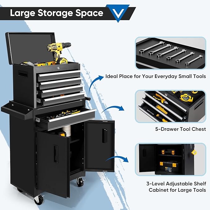 Steelite Tool Chest with Wheels, Large 5-Drawer Tool Box Organizer, Lockable Wheels & Sliding Drawers & Detachable Top & Adjustable Shelf, Metal Rolling Tool Cart for Garage Workshop