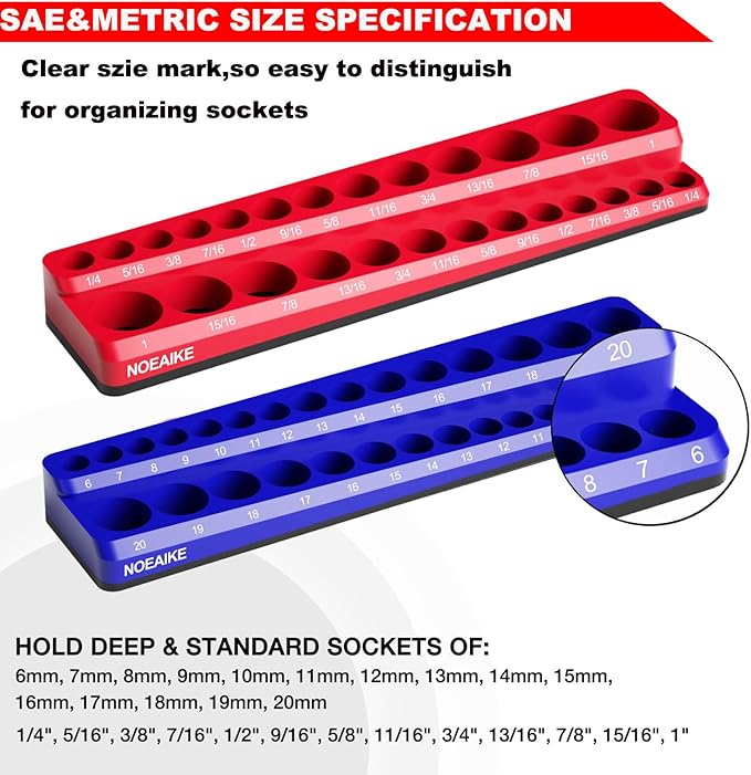 3/8 Inch Magnetic Socket Organizer, NOEAIKE 2-Pack Metric &SAE Socket Holder Set 3/8" Drive Socket Trays, Holds 56 Pcs Standard and Deep Size Sockets(Socket not Included)