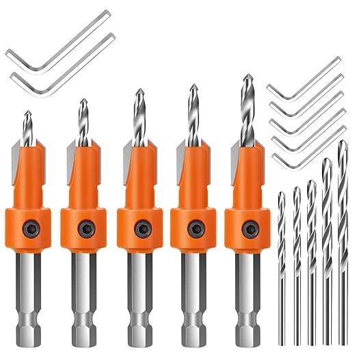 Countersink Drill Bit Set Hex Shank Woodworking: 5Pcs Tapered Pilot Hole Bits with Quick Change – Ideal for Carpentry, DIY & Home Repair Projects