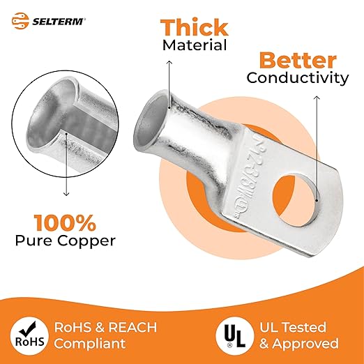 SELTERM 10pcs 2 AWG-3/8 Stud (Wide Pad) Tinned Copper Wire Lugs,Heavy Duty Battery Cable Ends,2 Gauge Ring Terminals,UL Battery Lugs Marine Grade Copper Eyelets Electrical Battery Terminal Connectors