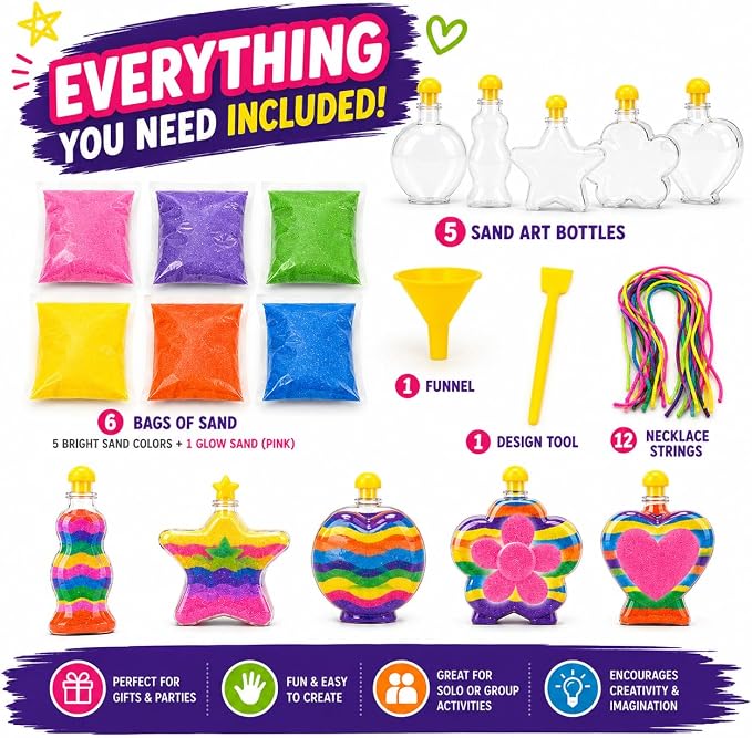 Glow Sand Art Kit, DIY Craft for Girls w/ 5 Necklace Bottles | Includes 1 Glow - Image 7