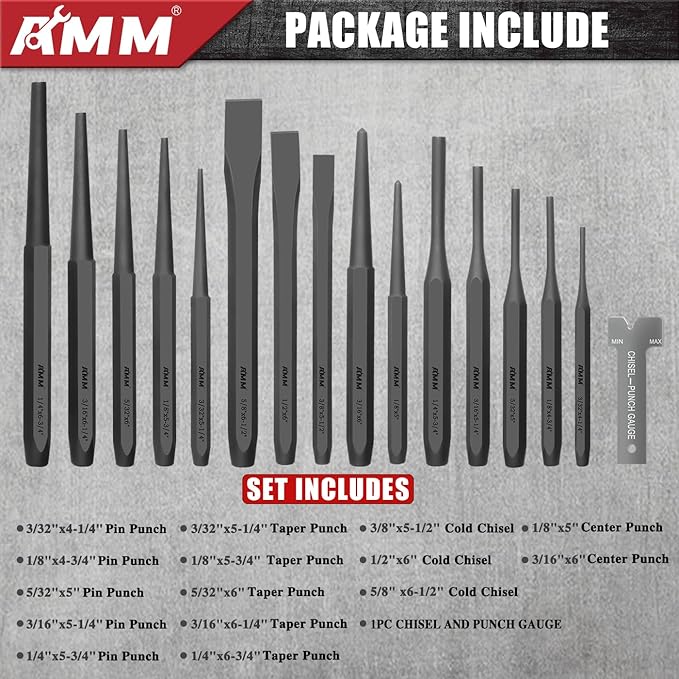 AMM 16PCS Punch and Chisel Set, including Taper Punch, Cold Chisels, Pin Punch and Center Punch, Cr-V for Working with Wood, Metal, Automotive