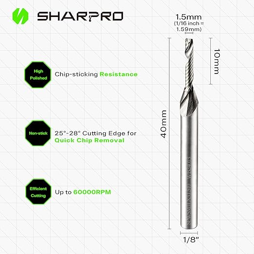 O Flute Upcut Spiral Router Bit 1/8 Inch Shank 1.5mm Inch Cutting Dia. Carbide Single Flute CNC Router Bit, Ideal for Aluminum, Plastic, Acrylic, Wood, MDF and PVC