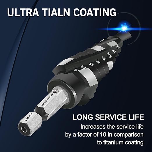 M35 Four Spiral Flute Cobalt Step Drill Bit, 3/16"-7/8" Wear-Resistant TiAlN Coated Four-Flute Step Bit, 1/4" Hex Shank Unibit Step Bit for Metal, Stainless Steel, Aluminum, Wood, Plastic