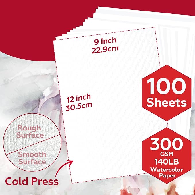 100 Sheets Watercolor Paper Bulk，9 x 12 Inch Cold Press 140 lb/300 GSM Water - Image 4