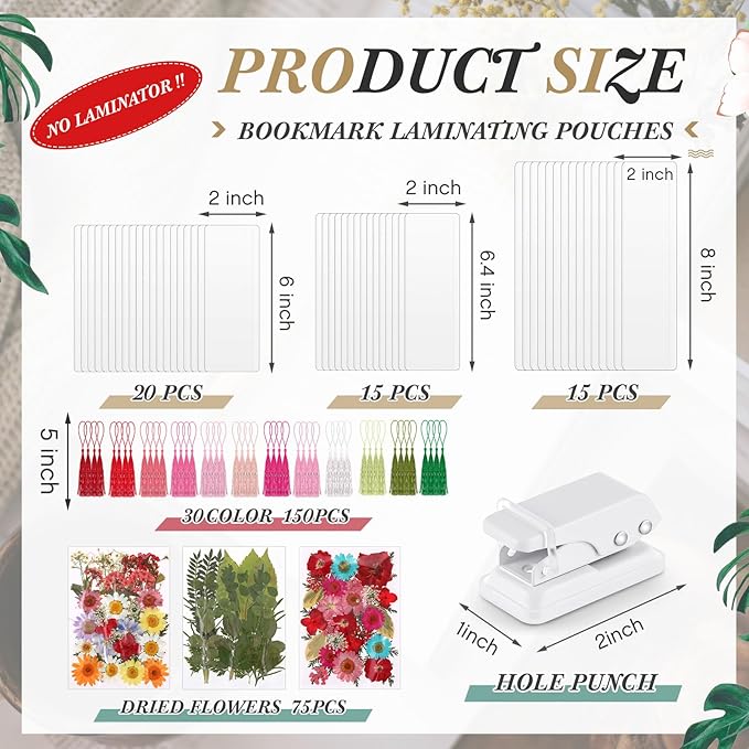 Fuyoooo 176 Pcs Pressed Flowers Bookmark Making Kit, DIY Bookmark Laminating - Image 2
