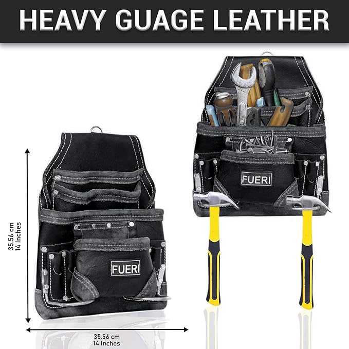 FUERI Leather Tool Belt Bag Men Pouch Heavy Duty Tools Pouches Organizer for Carpenter Construction Electrician Belts Bags Holder (16 Pocket Black, Adjustable)