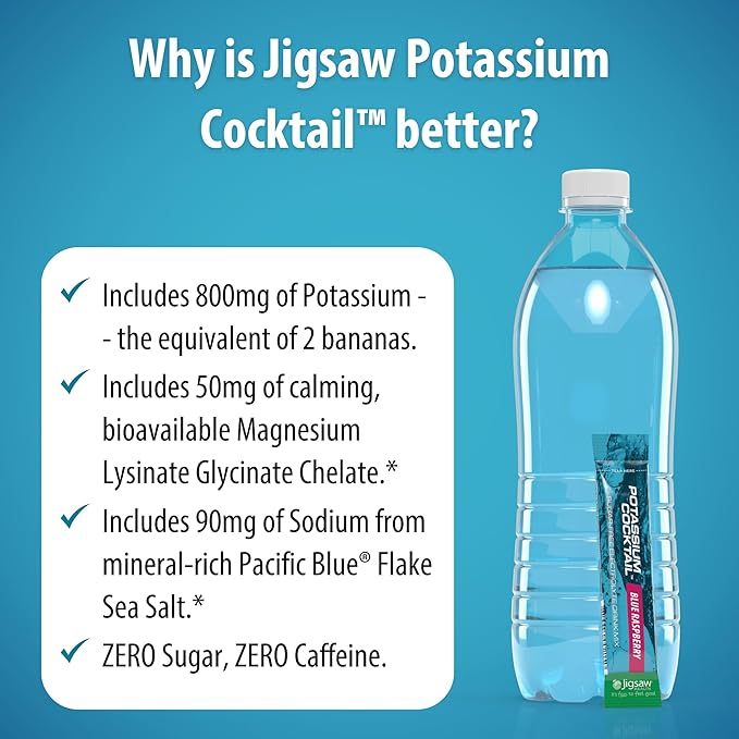 Jigsaw Health Potassium Cocktail | Formerly Pickleball Cocktail | Blue Raspberry Flavor | 60 Servings (Packets)