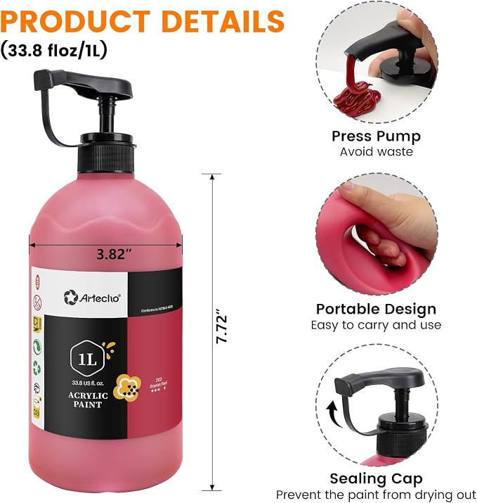 Artecho Scarlet Red Acrylic Paint 1000ml / 33.8 fl oz Pump Dispenser | Large - Image 3