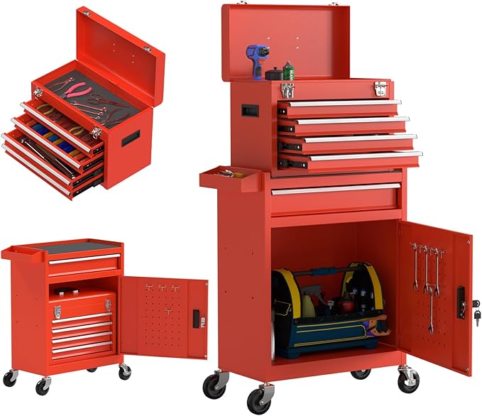 5 Drawer Tools Chest, Tool Cabinet with Universal Lockable Wheels，Tool Box with Detachable Top Box for Workshop(Red)