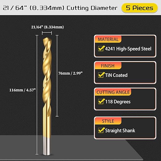 Drill Bit, 21/64" Cutting Diameter (8.334mm), 4241 HSS TiN Coated 118° Cutting Angle Versatile Jobber Bits - (Applications: for Drilling Plastic Wood Soft Thin Metal), 5-Pieces