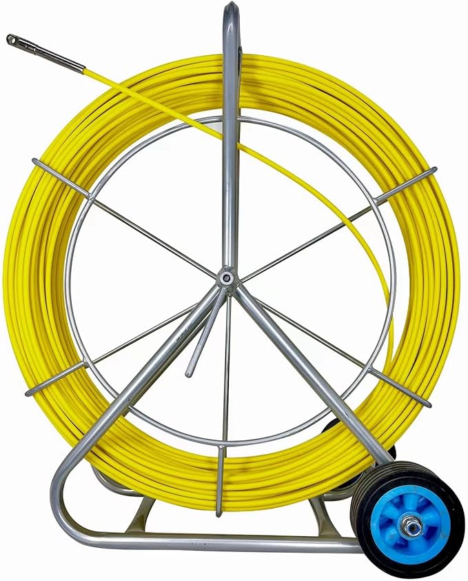 8MM 150M Fiberglass Duct Rodder Conduit Fish Tape Cable Puller Electrical Wire Puller Fiberglass Running Rod Wheel with Cage