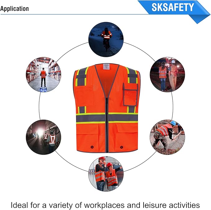 SKSAFETY 10 Pockets Safety Vest, Class 2 High Visibility Security with Zipper Double-sided mesh, Hi Vis Vest with Reflective Strips, ANSI/ISEA Standard, Construction Work Vest （Orange, M）