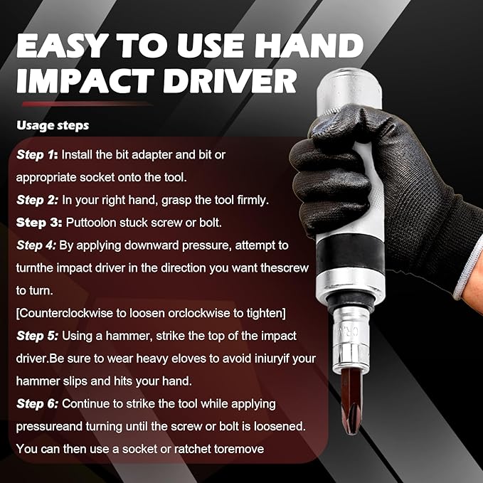 3/8" Manual Hand Impact Driver Set Extractor-14 PCS Impact Screwdriver S2 Steel, with 8Pcs Sockets, 4Pcs Driver Bits Manual Reversible Impact Driver Set