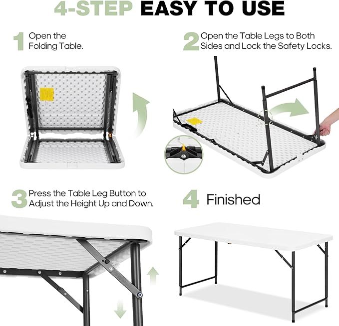 4ft Folding Table with Adjustable Height, 3-Level Foldable Table with HDPE Top - Image 5