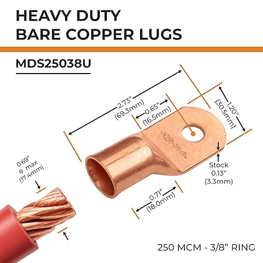 SELTERM 2pcs 250 MCM 3/8" Stud Copper Wire Lugs, Battery Lugs, Ring Terminals, Battery Cable Ends, 250 kcmil Ring Terminal Connectors, UL Heavy Duty Bare Copper Eyelets Battery Terminal Connectors