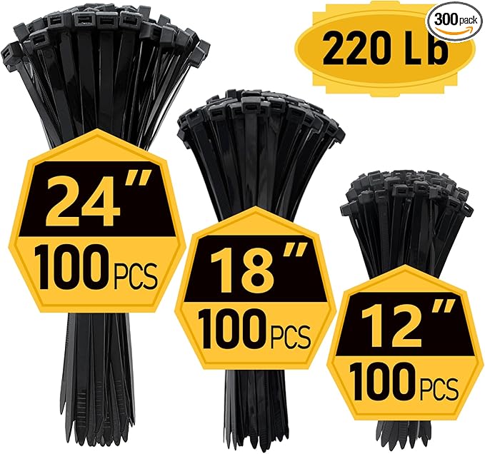 Zip Ties Assorted Sizes (12"+18"+24")- 300 Pack, Large Zip Ties Heavy Duty with 220 lb Tensile Strength for Outdoor Use, Black, Long Cable Ties by ANOSON