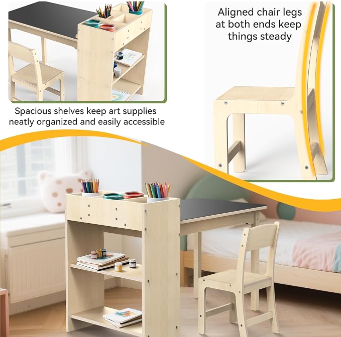doowroodni Kids Art Table and Chair Set, Sturdy Beech Wood Study Desk - Image 4