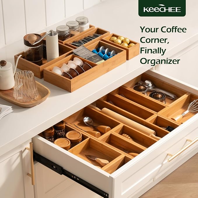 10-Piece Bamboo Drawer Organizer Set, 2.2" Deep | Multi-Use Organizers for Utensils, Silverware, Cutlery, Desk, Bathroom, Junk Drawer & Makeup, Non-Slip Feet Included.