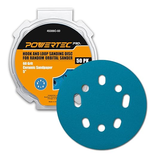 POWERTEC PRO 50PK, 5 Inch Sanding Discs Hook and Loop, 60 Grit, Ceramic Orbital Sander Sandpaper for 5 & 8 Hole Random Orbital Sanders - Automotive, Paint, Metal, Woodworking (45306C-50)