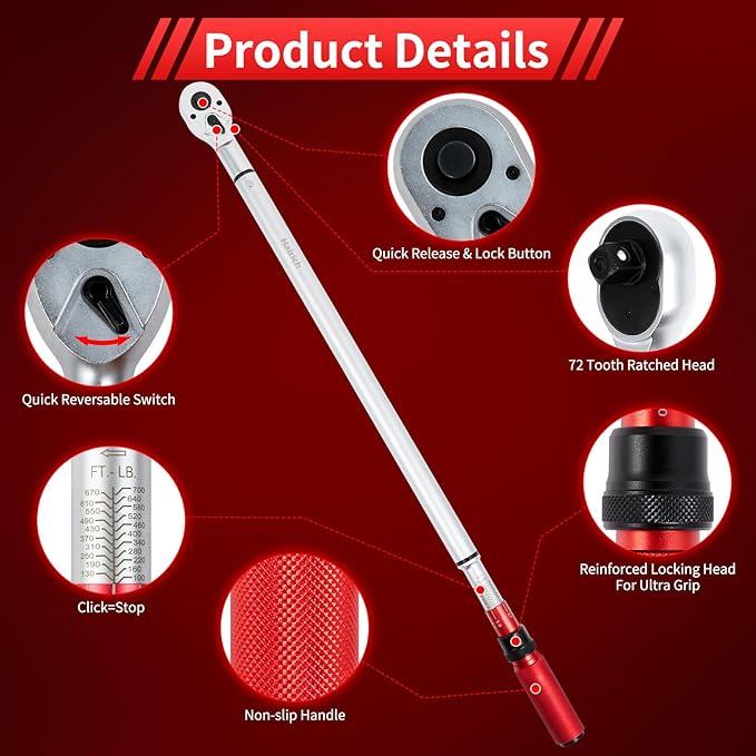 3/4-Inch Drive Click Torque Wrench, Dual-Direction Adjustable 48 tooth 100-700ft.lb/136-949Nm, Professional Inch Pound Torque Wrench, for Maintenance Tool and Product Assembly