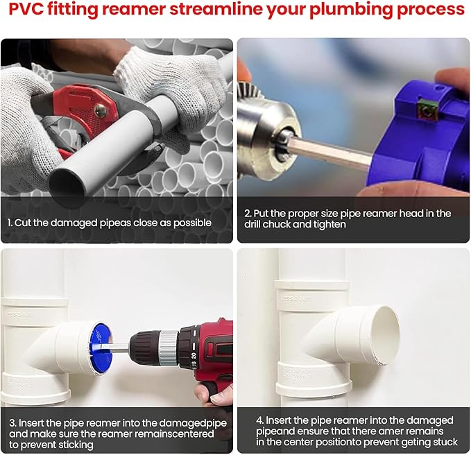 TOOVEM 7 Pcs PVC Pipe Reamer Set with 3/4inch, 1-1/4inch, 1-1/2inch, 2inch,3inch,4inch Head Aluminum PVC Fitting Saver, PVC Socket Saver for Standard 1/2" Drill (Blue)