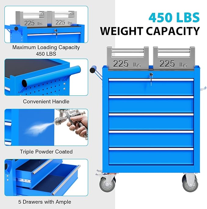 5 Drawers Rolling Tool Chest, Portable Storage Tool Box with Wheels, Tool Chest with Lock for Warehouse, Garage, Repair Shop and Tool Room