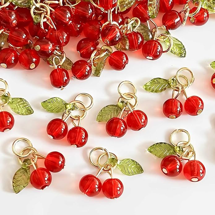 30 Pcs Red Cherry Charms Mini Cute Glass Fruit Beads Charm Acrylic Beaded Charms by SOFISO