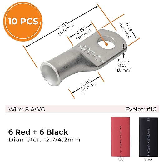 SELTERM 10pcs - 8 Awg - #10 Stud - Battery Lugs - Ring Terminal Connectors | with 12pcs 3:1 Black & Red Heat Shrink Tubing with Adhesive | Heavy Duty Battery Cable Ends - Tinned Copper Wire Lugs Kit
