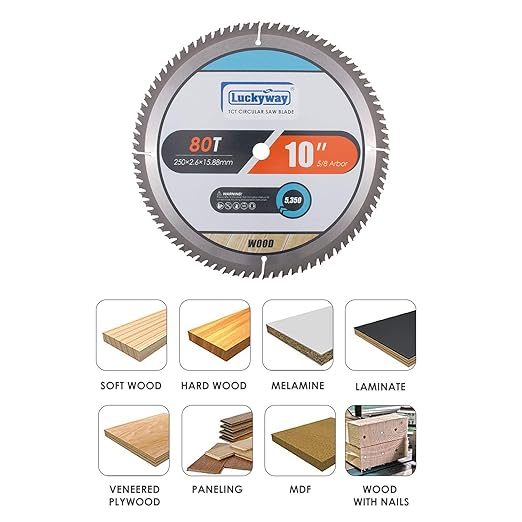 Luckyway 10 Inch Miter/Table Saw Blades 80T Ultra Finish Wood Cutting with 5/8 Inch Arbor TCT Circular Saw Blade for Cutting Wood