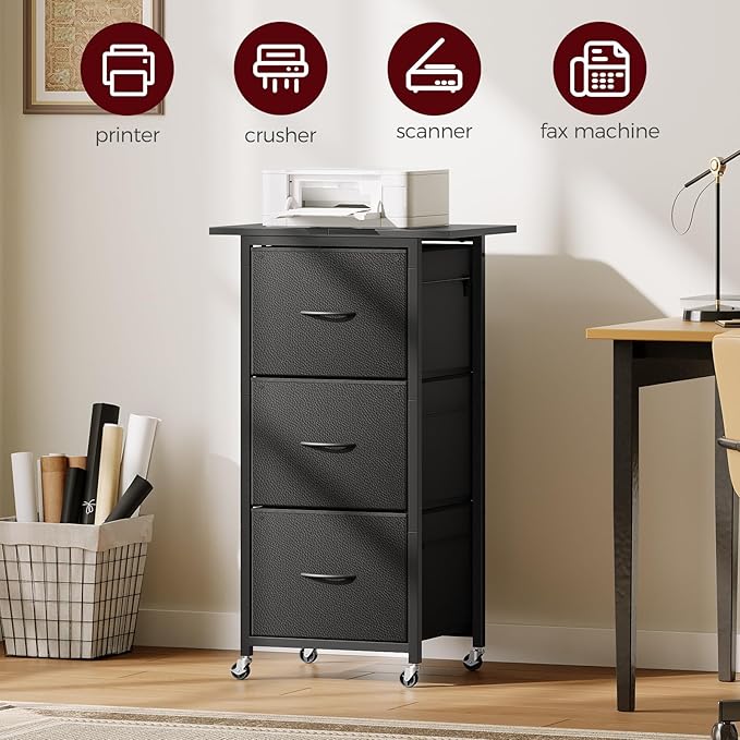 3 Drawer File Cabinet, Vertical Filing Cabinet with Wheels, Printer Stand with File Cabinet, Adjustable Hanging Rods, fits A4/Letter Size, for Home Office, Black FCBK5901