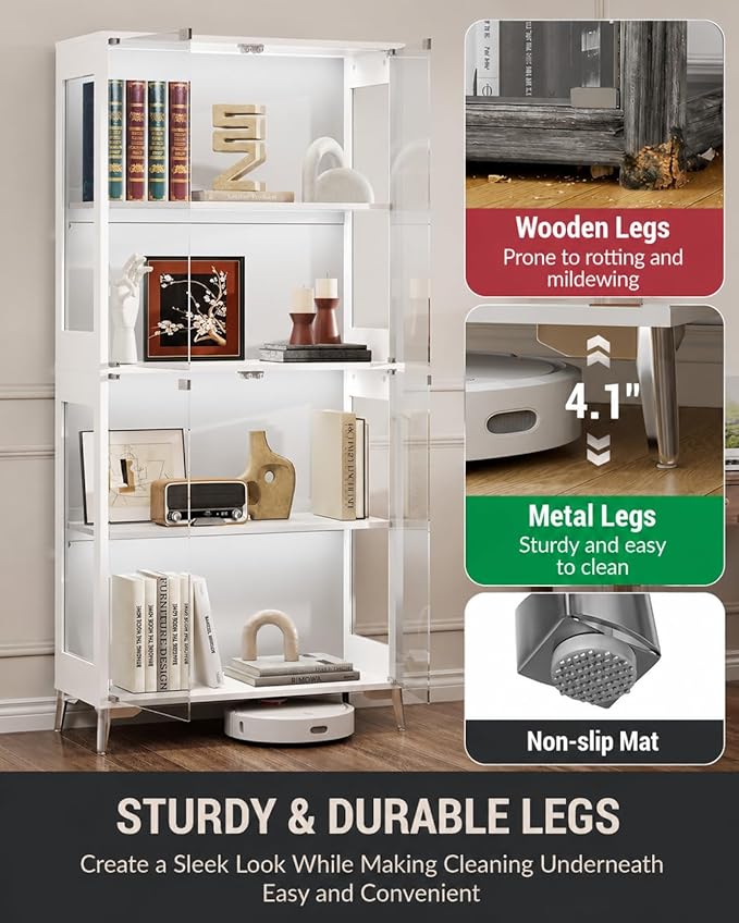 Display Cabinet with Glass Doors, 4-Tier Curio Cabinet, Adjustable Shelves - Image 6