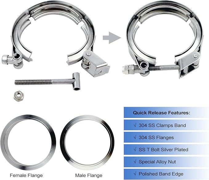 2.25 inch V Band Clamp - 2 sets of Quick Release Vband Exhaust Clamp with Flange Stainless Steel for Automotive exhaust system, turbocharger, downpipe and mufflers (2.25" - 2 Pack)