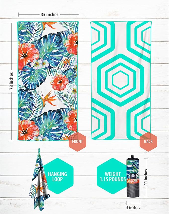 VENTURE 4TH Microfiber Beach Towel: Quick-Dry, Compact, Sand-Free, Absorbent, Sandproof and Lightweight - Perfect for Camping, Beach, and Roadtrips (Tropical Heat Design | 35x78 inches)