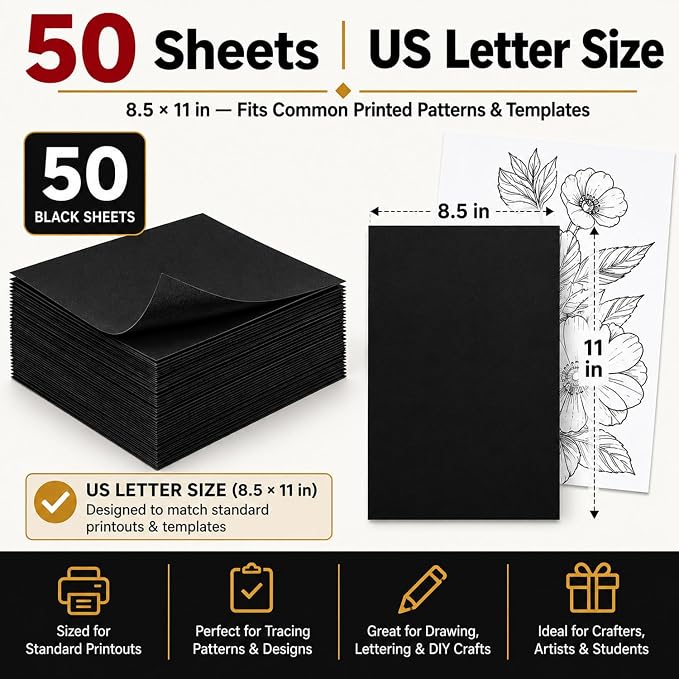 SuFly Carbon Paper for Tracing, 50 Sheets | Black Graphite Transfer Paper for - Image 2
