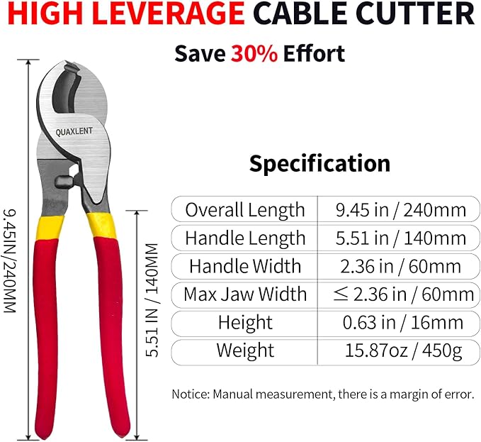10 Inch Large Cable Cutter Heavy Duty High Leverage Big Wire Cutting Plier Tool for 4/0 Aluminum 2/0 Soft Copper and 100PR 24AWG Comm Cable,Red