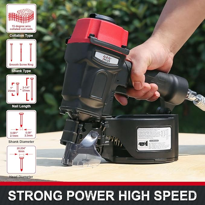 3PLUS HCN55SP Pneumatic Coil Pallet Nailer Professional Air Nail Gun Accepts 15 Degree 1-Inch to 2-1/4-Inch Wire Collated Nails