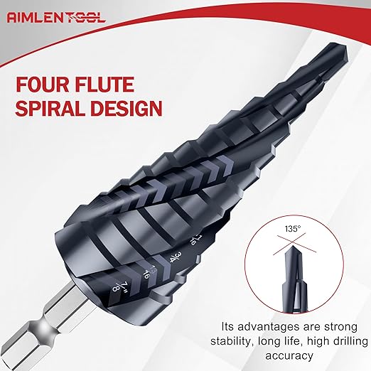 M35 Four Spiral Flute Cobalt Step Drill Bit, 3/16"-7/8" Wear-Resistant TiAlN Coated Four-Flute Step Bit, 1/4" Hex Shank Unibit Step Bit for Metal, Stainless Steel, Aluminum, Wood, Plastic