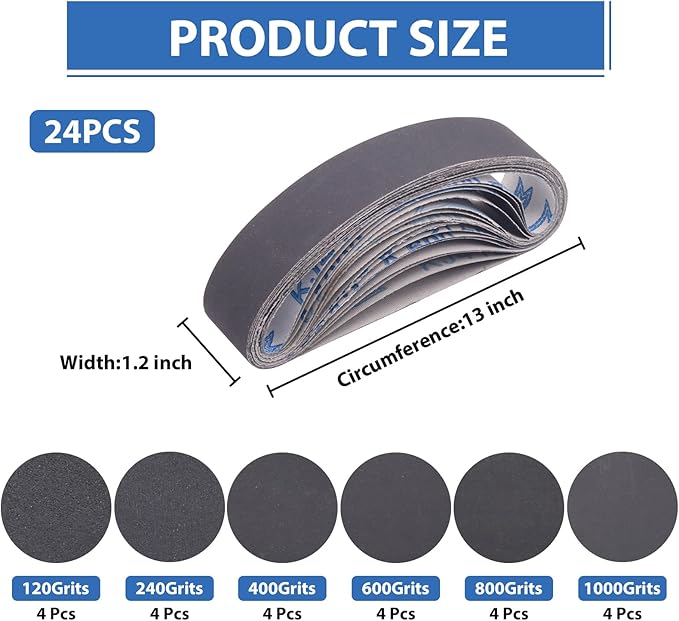 Taokyid 24 Pcs 1.2 x 13 Inch Replacement Knife Sharpener Sanding Belt, 330x30mm Silicon Carbide Sanding Belt - 3 Pcs Each of 120 240 400 600 800 1000 Grits 1.2"x 13" Sanding Belts