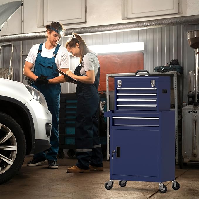 5-Drawer Rolling Tool Chest,Garage Storage Tool Box with Wheels,Lockable and Detachable Tool Cabinet,Heavy Duty Metal Tool Cart with Wheels for Garage,Warehouse,Workshop (Blue)