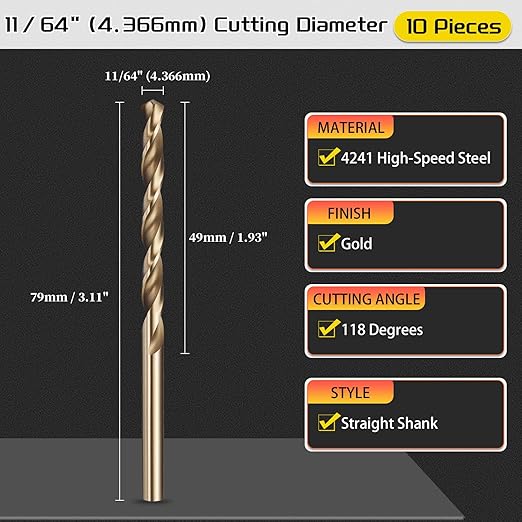 Drill Bit, 11/64" Cutting Diameter (4.366mm), 4241 HSS Gold 118° Cutting Angle Versatile Jobber Bits - (Applications: for Drilling Plastic Wood Soft Thin Metal), 10-Pieces