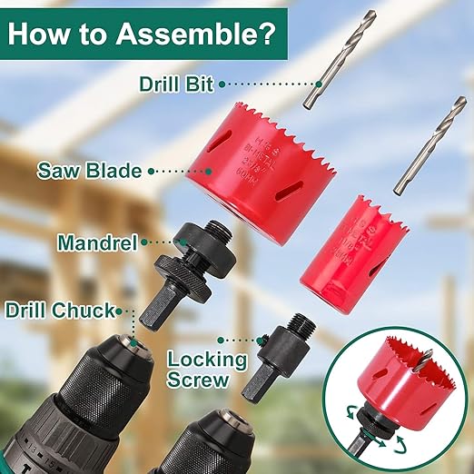 Bi-Metal Hole Saw Kit, HYCHIKA 17 Pcs High Speed Steel 3/4" to 2-1/2" Hole Saw Set in Case with Mandrels, Hole Saw Bit for Metal, Drilling PVC Board,and Plastic Plate