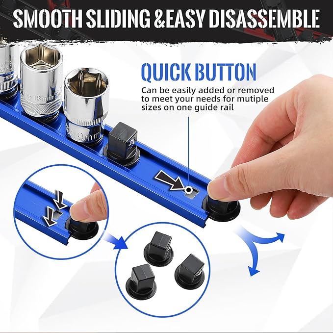 Magnetic Socket Organizer, 6-Piece Heavty Duty Aluminum Socket Holder, Socket Rail for Tool Box, Premium Quality 360° Swivel Socket Rack Kit with 80 Clips for 1/2, 3/8, 1/4-Inch(Red&Blue)
