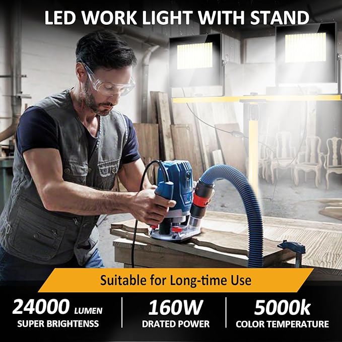 24000 Lumen LED Work Lights with Stand, Floodlight Work Light 2 Adjustable Head Work Light with 16FT IP67 aterproof Tripod Works Light Stand with Individual Switch for Construction Lighting