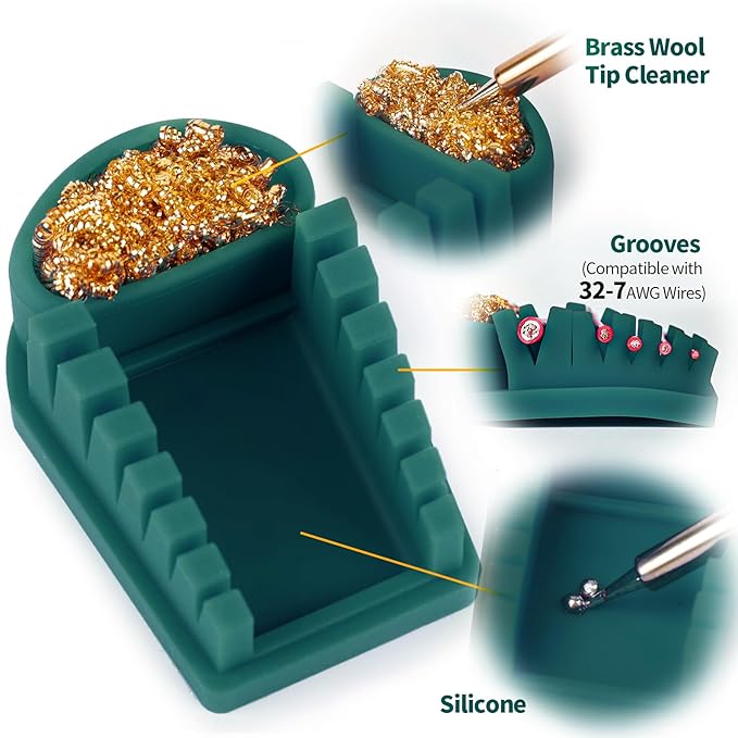 YIHUA S200 Green Heat-Resistant Silicone Soldering Wire Holder with Brass Wool Cleaner, 6 Grooves, Storage Tray, Helping Hands Soldering Wire Welding Fixture, Compatible Diameter 32-7AWG