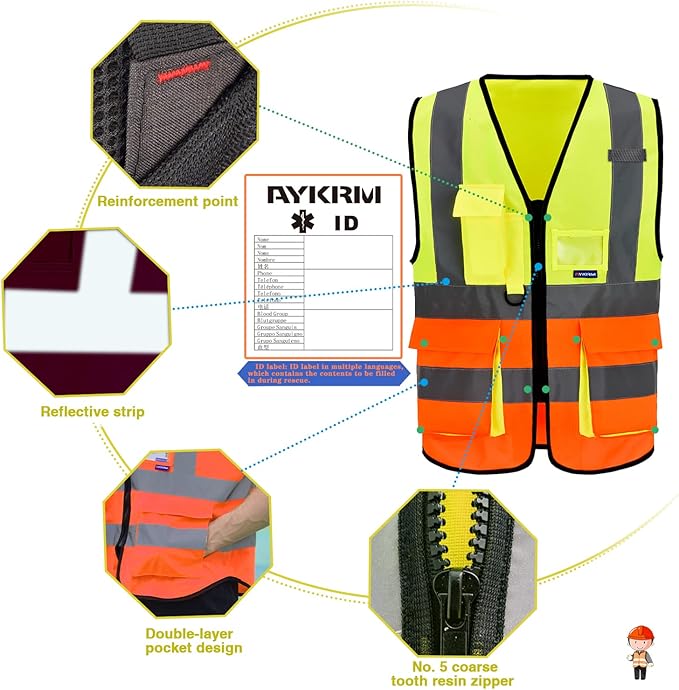 4XL-5XL High Visibility reflective Safety Vest with Pockets and Zipper, Yellow&Orange Color Mixed