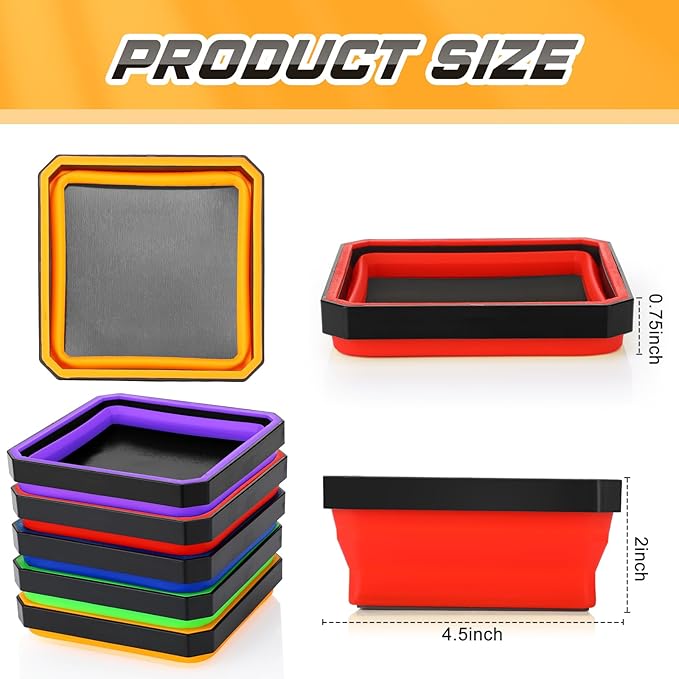 Barydat 10 Pcs Magnetic Tool Tray Collapsible Foldable Parts Trays Set Magnetic Screw Tray Magnetic Parts Bowl Square Silicone Magnetic Tool for Bolts Nuts Washers Pins Screw Parts (Multicolor)
