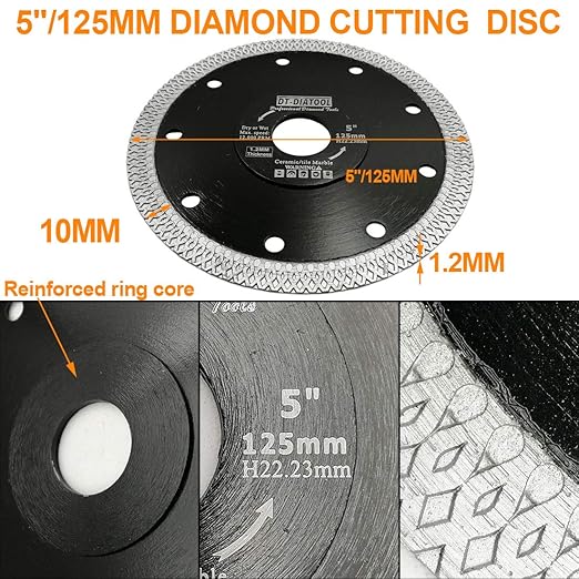 DT-DIATOOL Diamond Tile Blade 5 Inch 5pcs Diamond Turbo X Mesh Rim Segement Circular Saw Blade for Procelain Ceramic Stoneware Marble Granite Fits 5/8"-7/8" Arbor