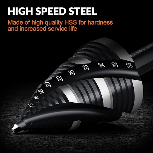 THINKWORK Four Spiral Flute Step Drill Bit Set (Metric), 5 Pcs HSS Step Drill Bits (4mm-35mm) Unibit Step Drill Bit, 6mm and 10mm Shank Step Bits for Aluminum, Wood, Plastic, Metal